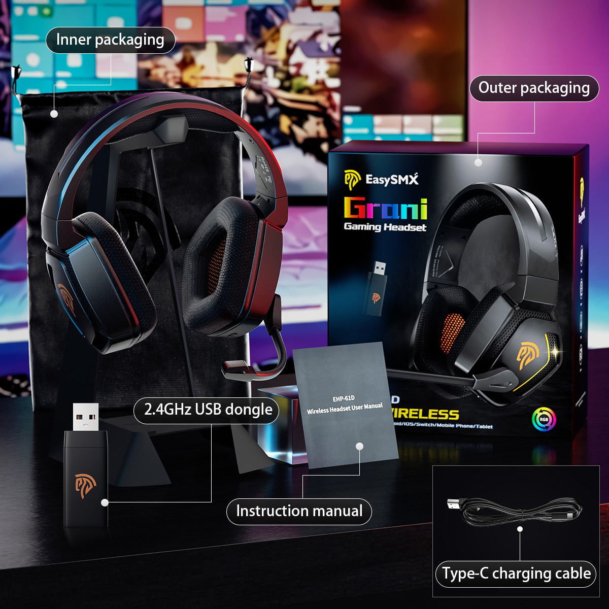 EASYSMX C07W Wireless Bluetooth Headphones with Microphone 2.4GHz USB Gaming Headset for PC PS5 PS4 EASYSMX C07W Wireless Bluetooth Headphones with Microphone 2.4GHz USB Gaming Headset for PC PS5 PS4